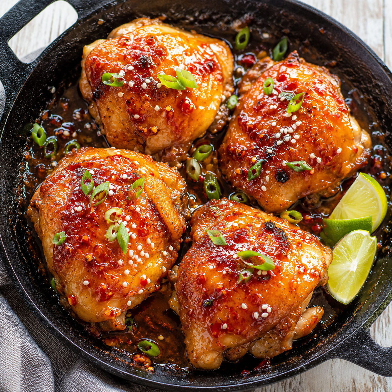 Sticky sweet chili chicken thighs with sesame, green onions, and lime