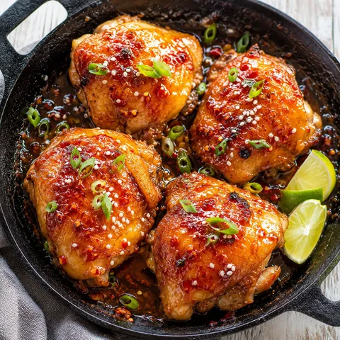 Sticky sweet chili chicken thighs with sesame, green onions, and lime