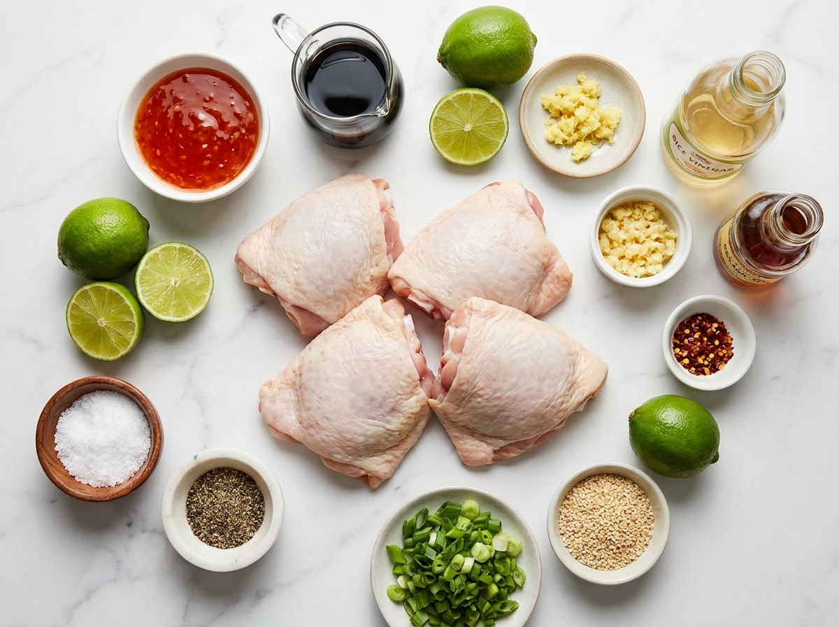 Ingredients for sticky sweet chili chicken thighs on a wooden surface