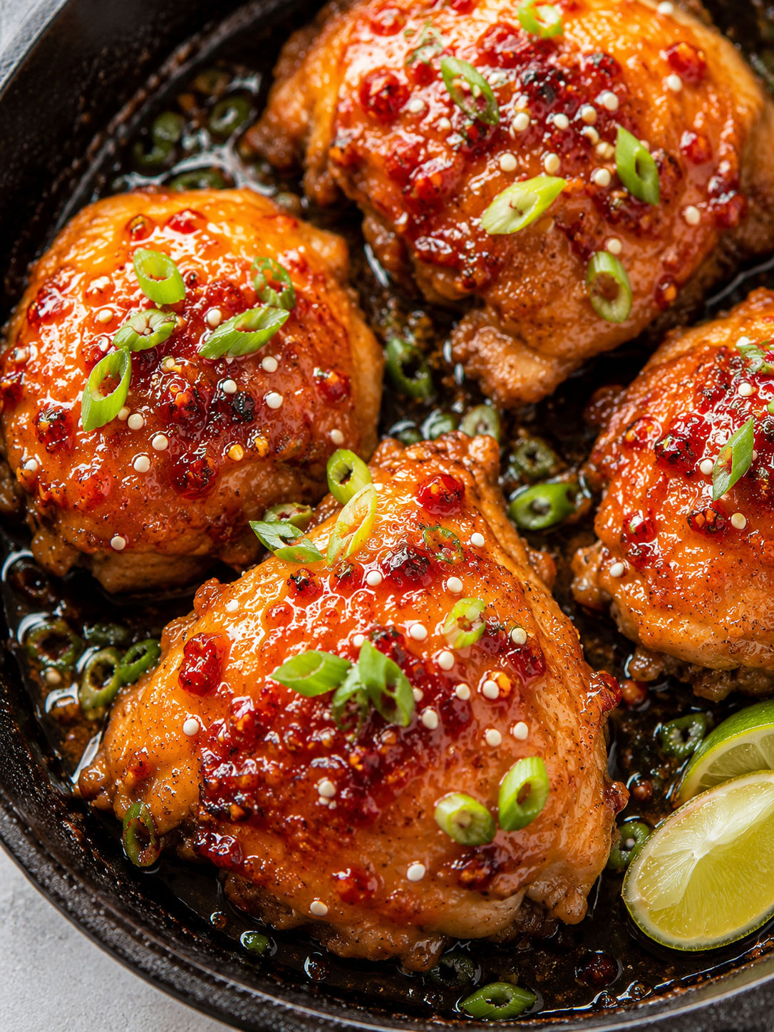 Sticky Sweet Chili Chicken Thighs, plated and served