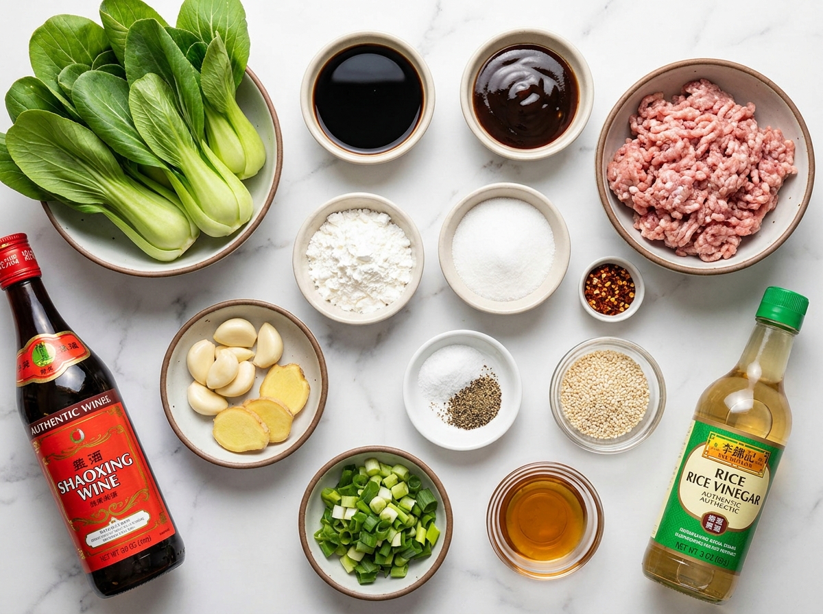 Ingredients for bok choy ground meat stir-fry on a wood surface
