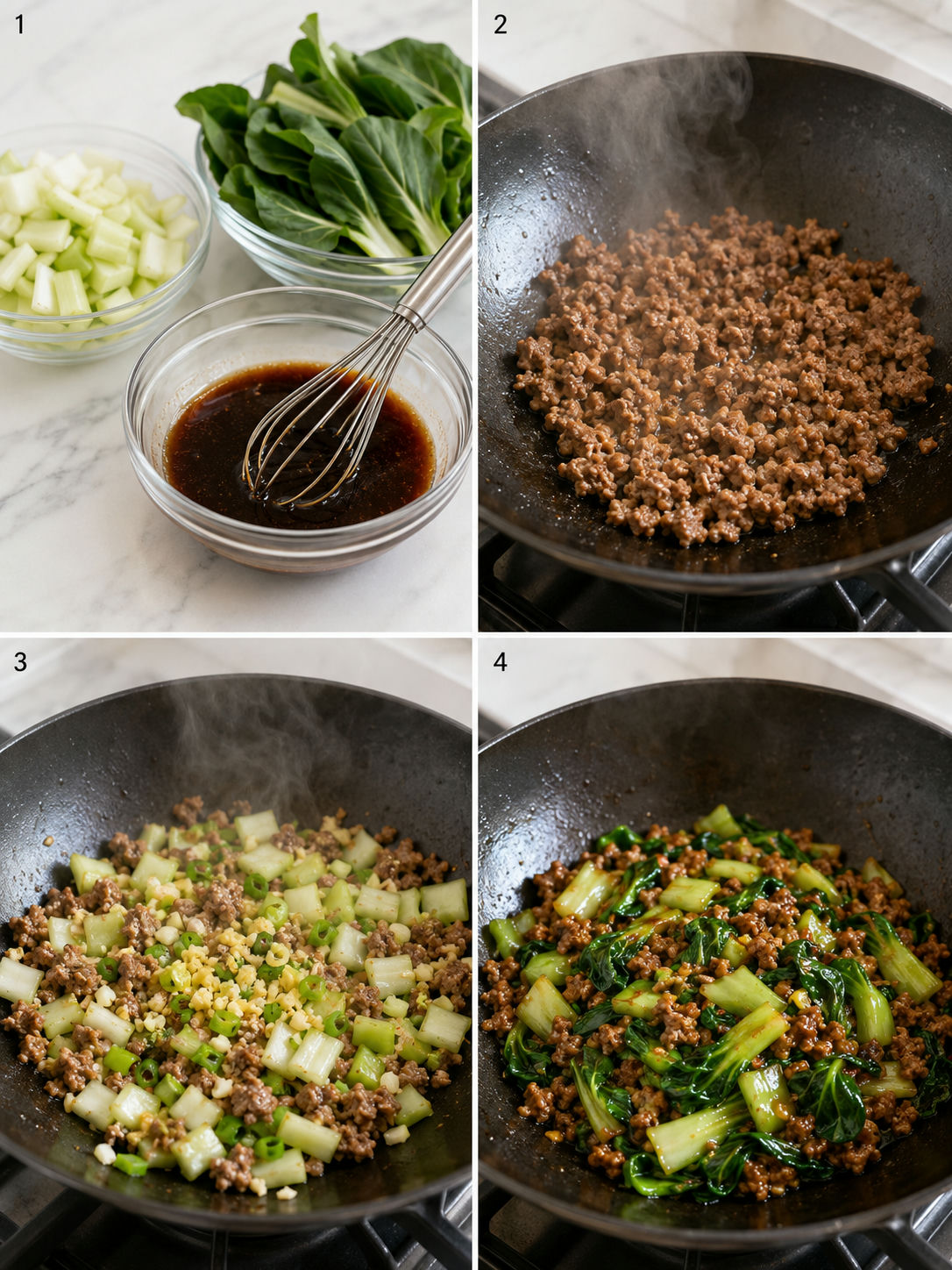 Four cooking steps for bok choy and ground meat stir-fry