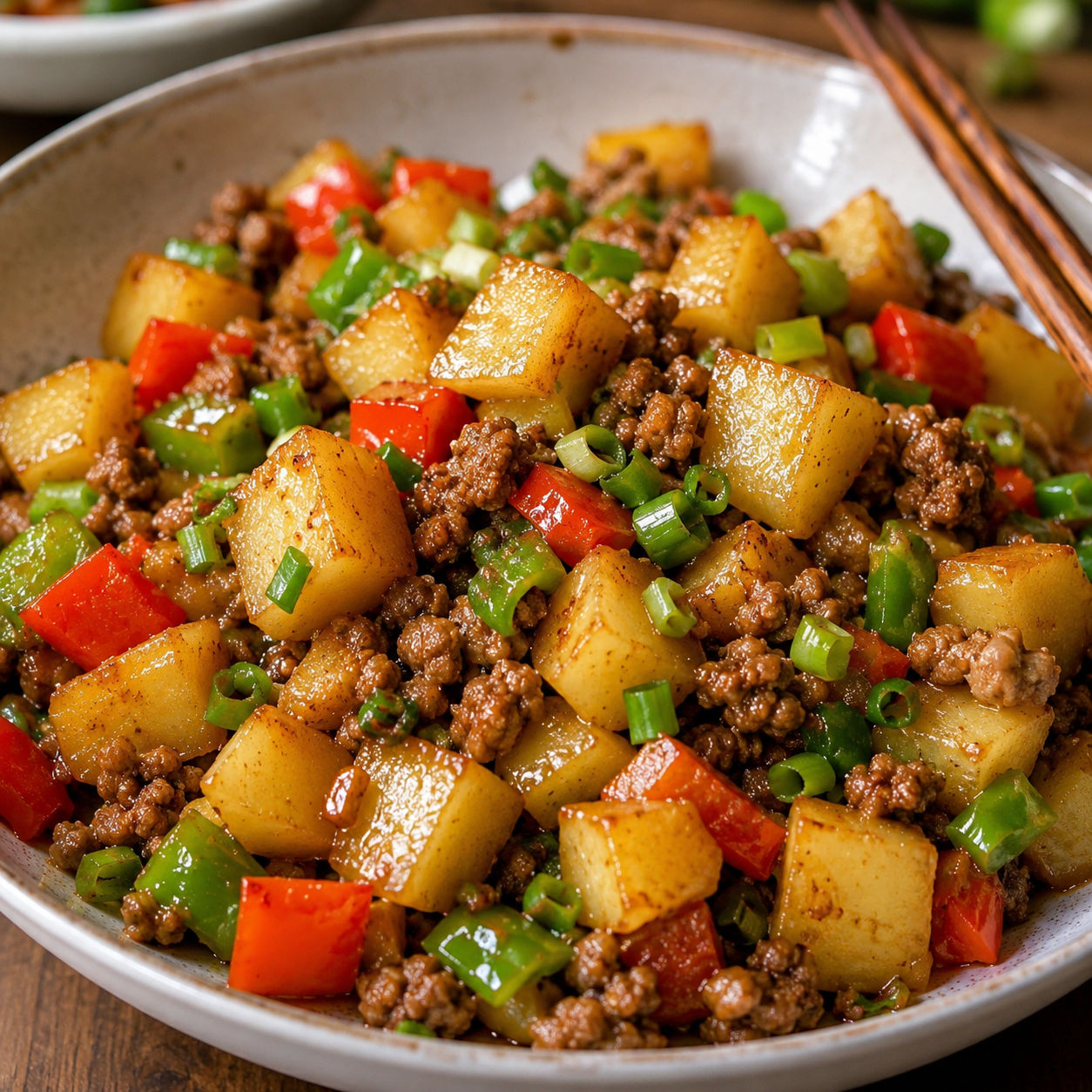 Stir-fried potatoes with minced meat, bell peppers, and scallions