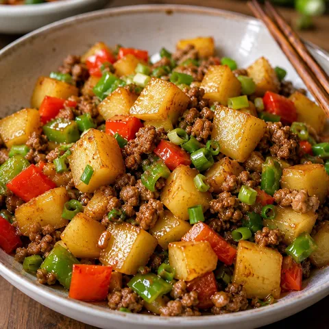 Stir-fried potatoes with minced meat, bell peppers, and scallions