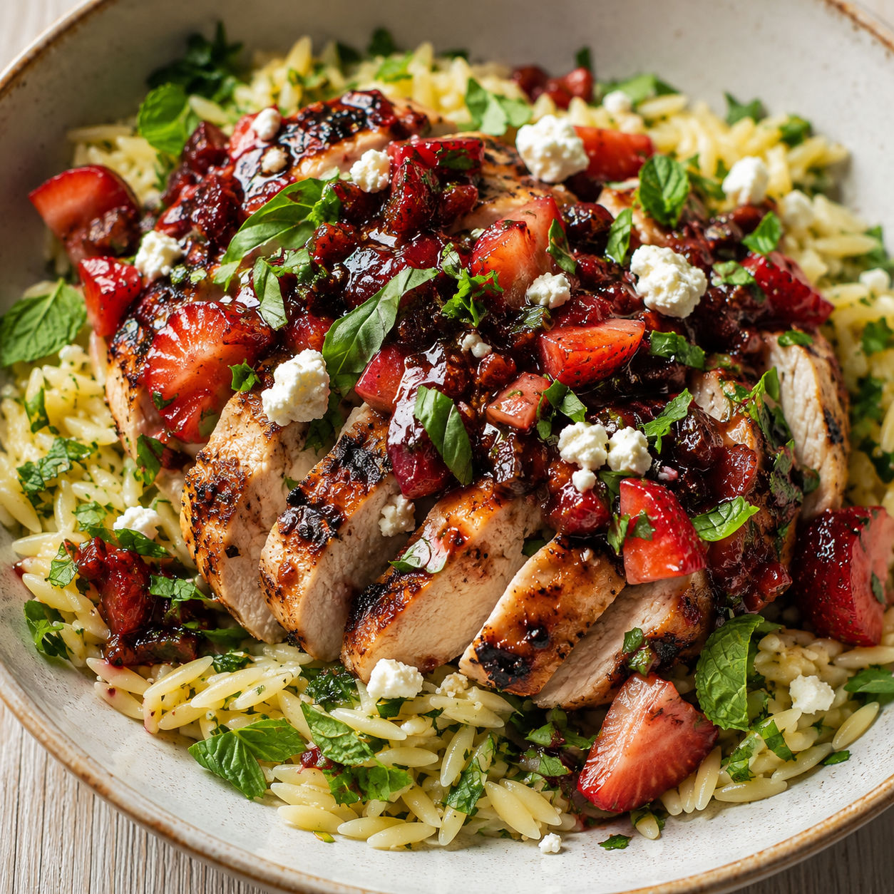 Strawberry balsamic chicken over herbed orzo with basil and mint