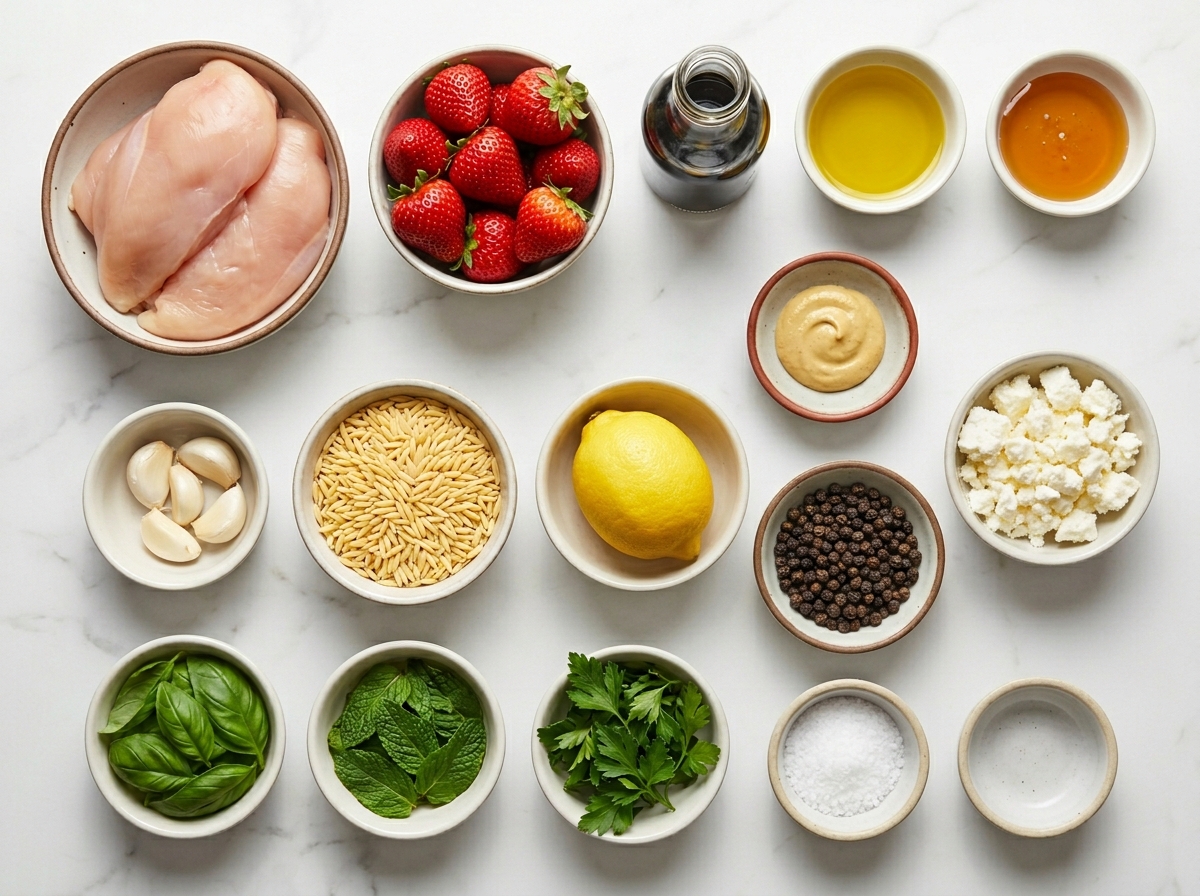 Ingredients for strawberry balsamic chicken with orzo and herbs