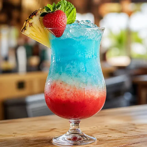 Strawberry Blue Hawaiian cocktail with pineapple and berry garnish