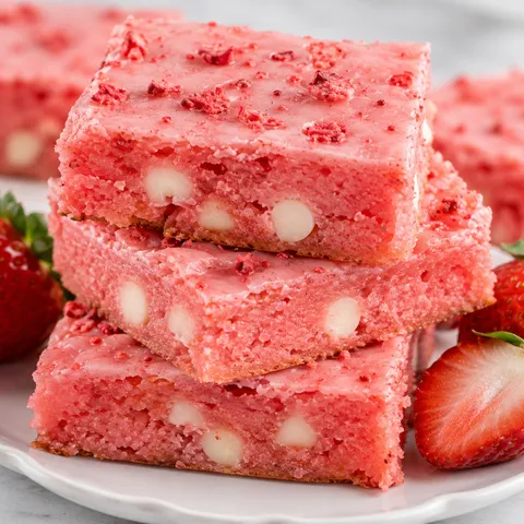 Glazed Strawberry Brownies stacked with white chocolate chips and berry crumbs