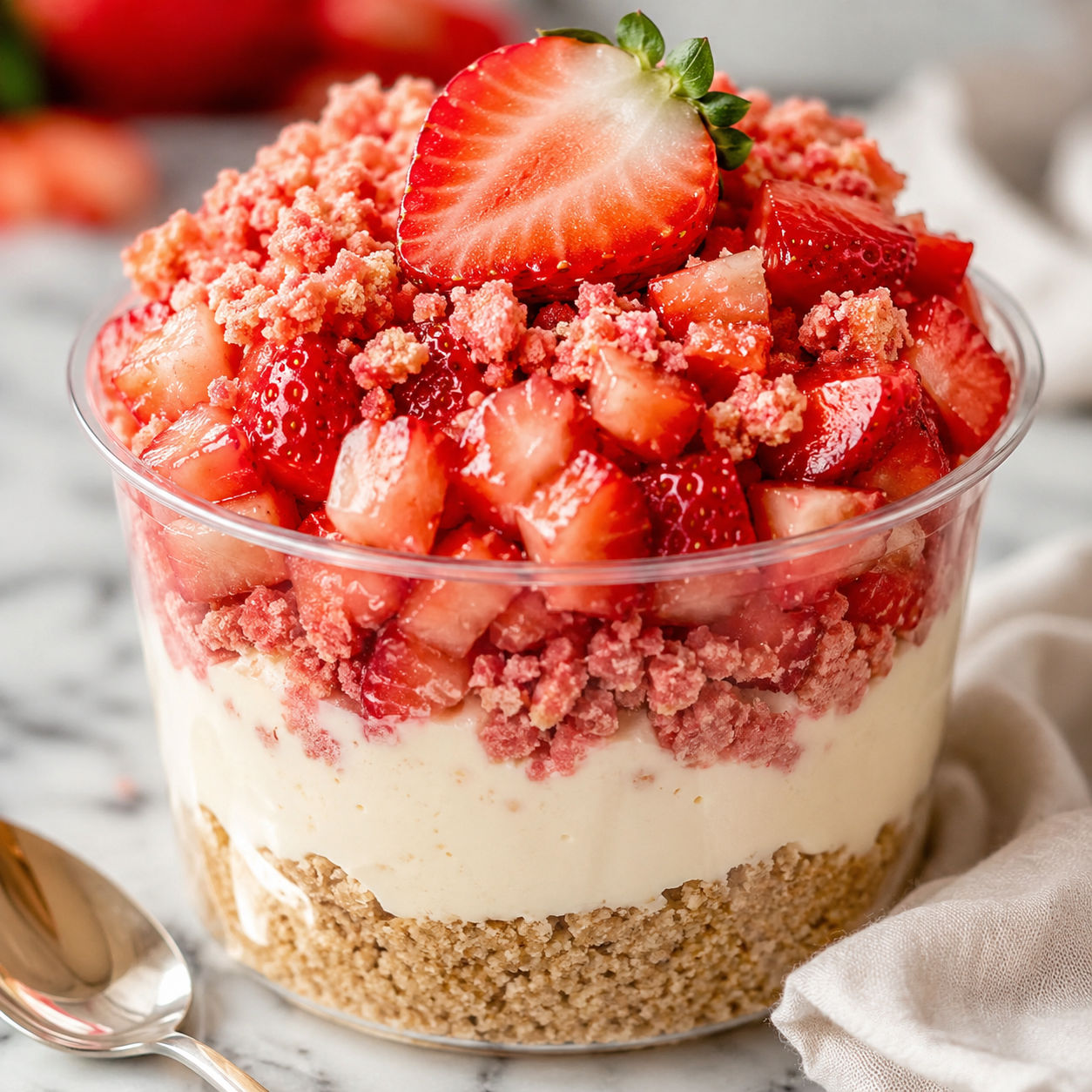 Strawberry cheesecake crunch cup with pink crumbs and fresh strawberries