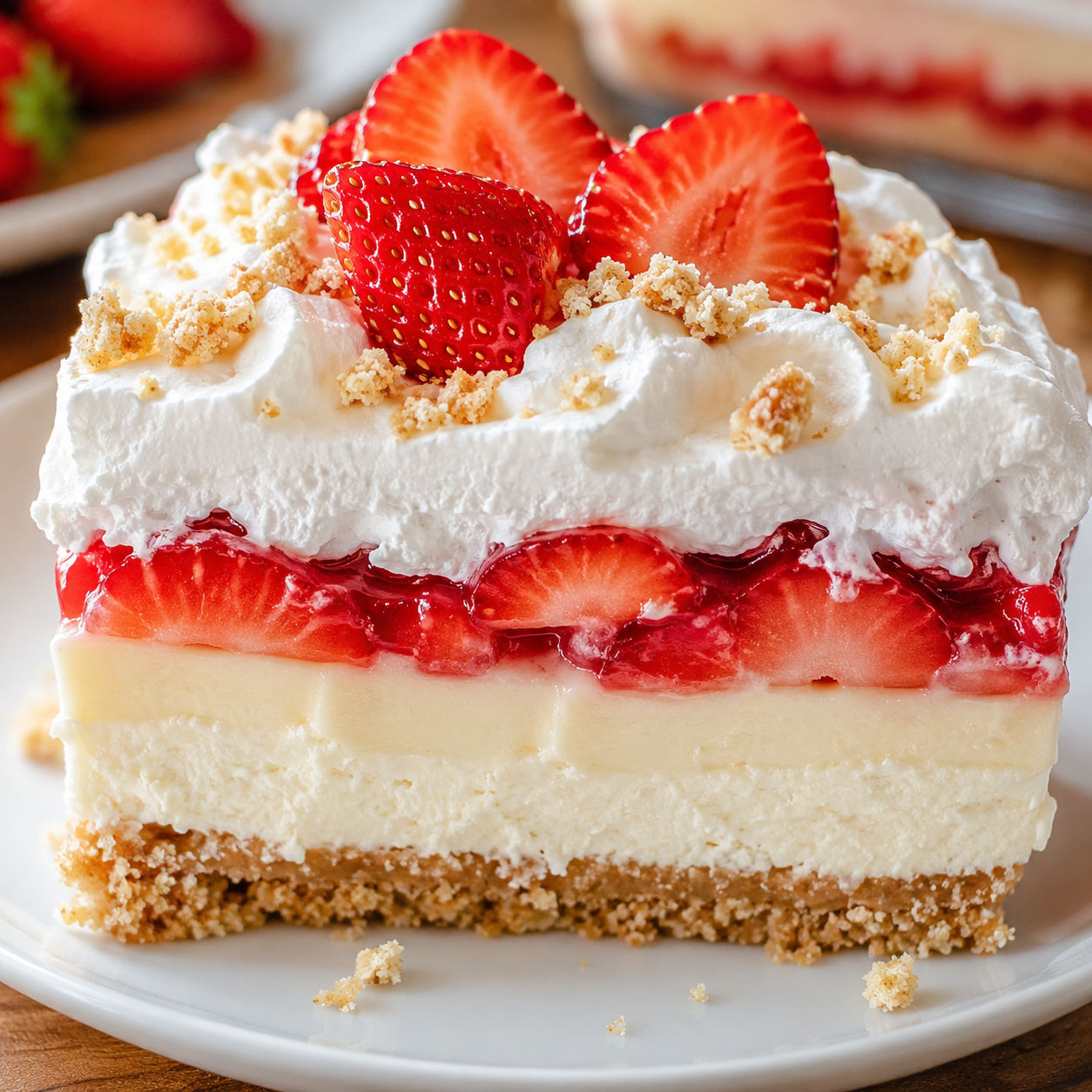 Layered strawberry cheesecake lush with cookie crust and whipped topping