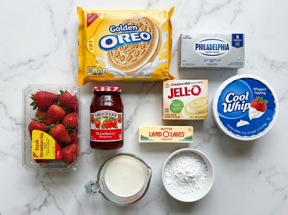 Ingredients for strawberry cheesecake lush on a marble counter