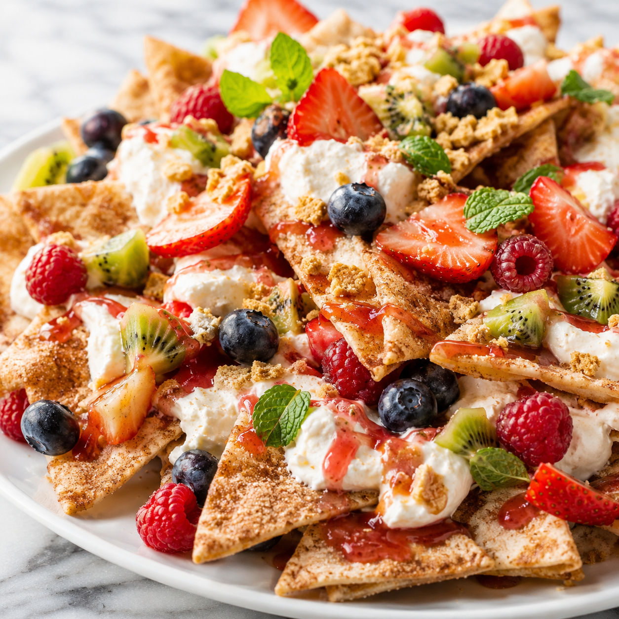 Strawberry cheesecake nachos with cinnamon chips, berries, kiwi, and cream