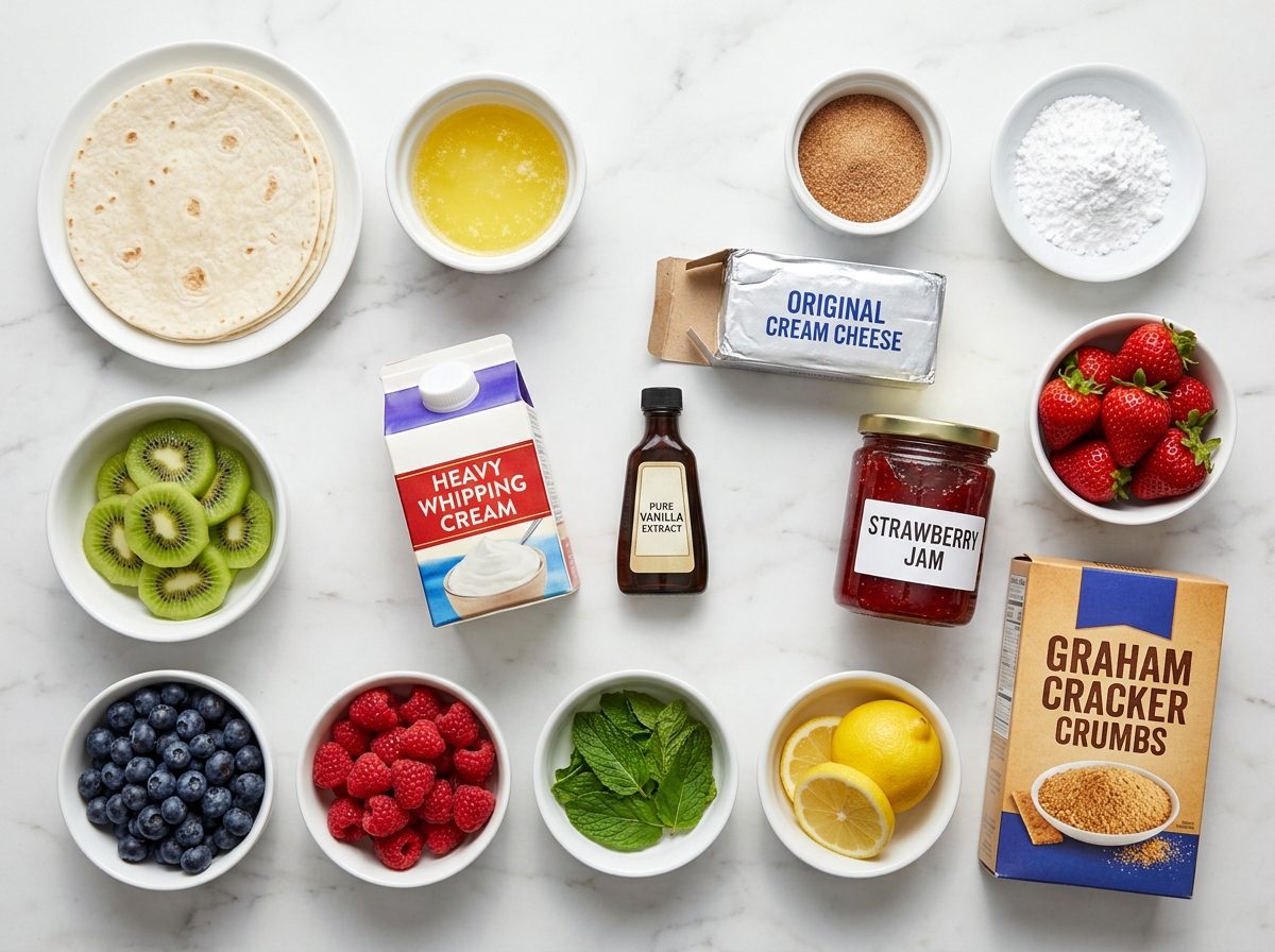 Ingredients for strawberry cheesecake nachos with cinnamon chips and fruit