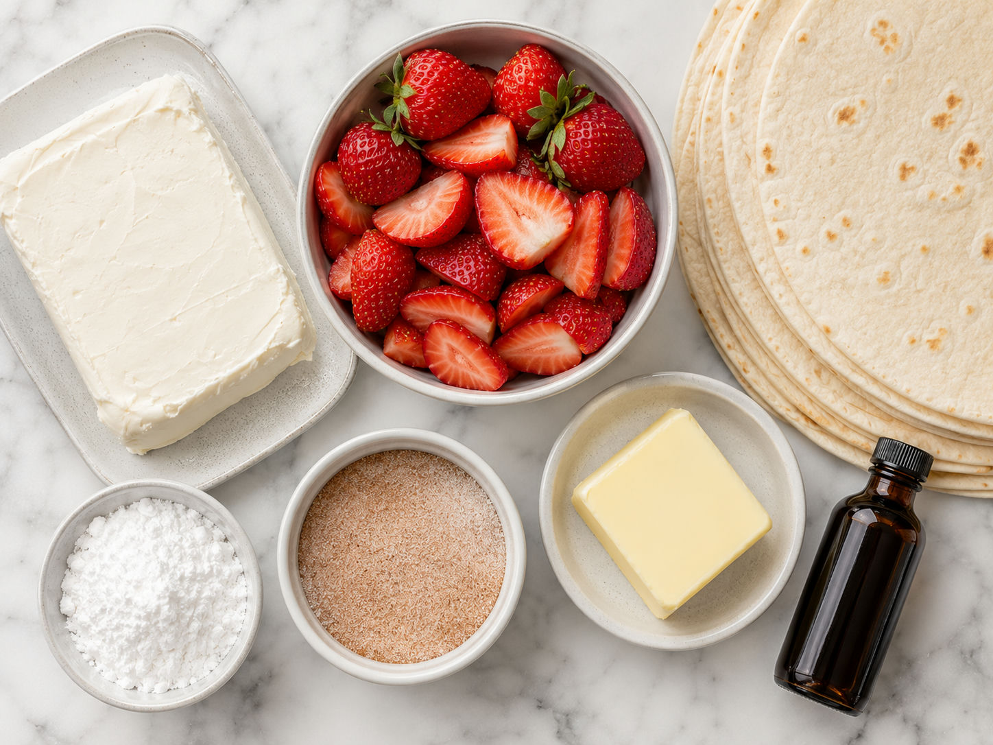 Raw ingredients for strawberry cheesecake quesadillas including cream cheese, fresh strawberries, and flour tortillas on a wood surface