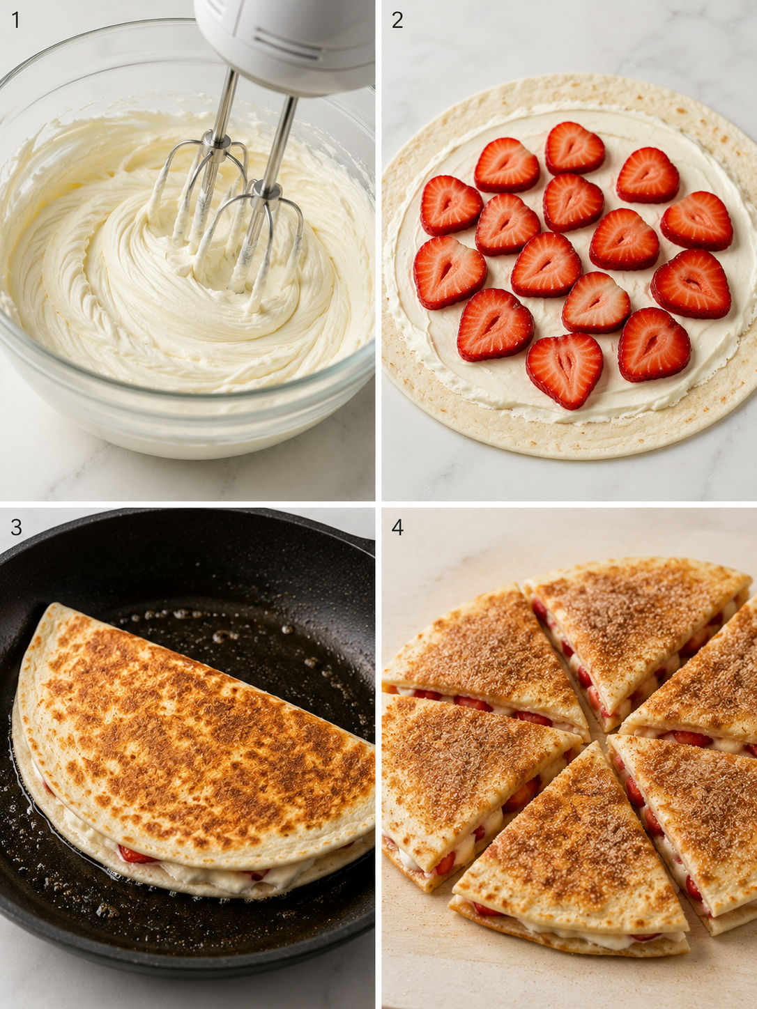 Four cooking steps for strawberry cheesecake quesadillas from beating the filling to slicing the golden wedges