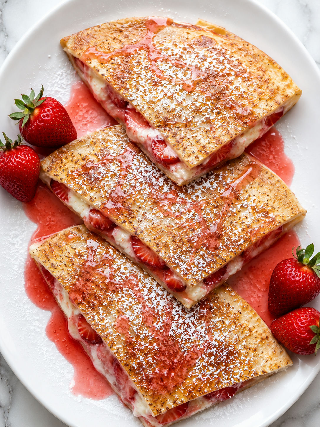 Top-down view of strawberry cheesecake quesadilla wedges with cream cheese filling and strawberry sauce drizzle