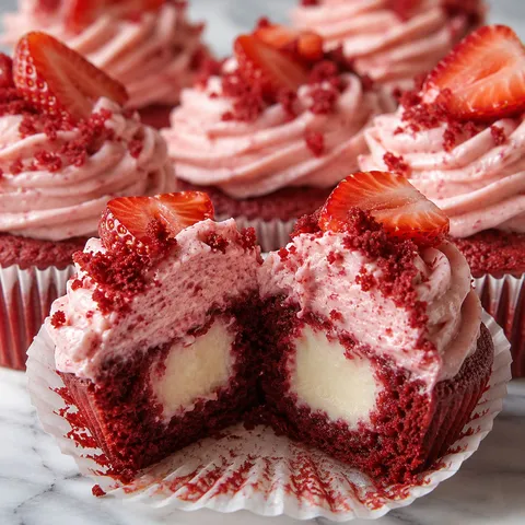Strawberry cheesecake red velvet cupcakes with pink frosting and berry garnish