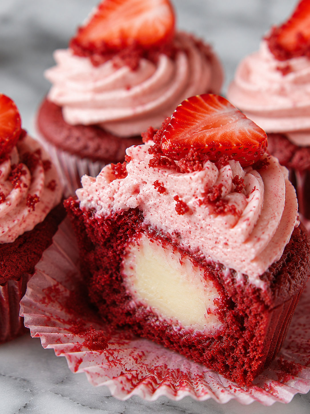 Strawberry Cheesecake Red Velvet Cupcakes, plated and served