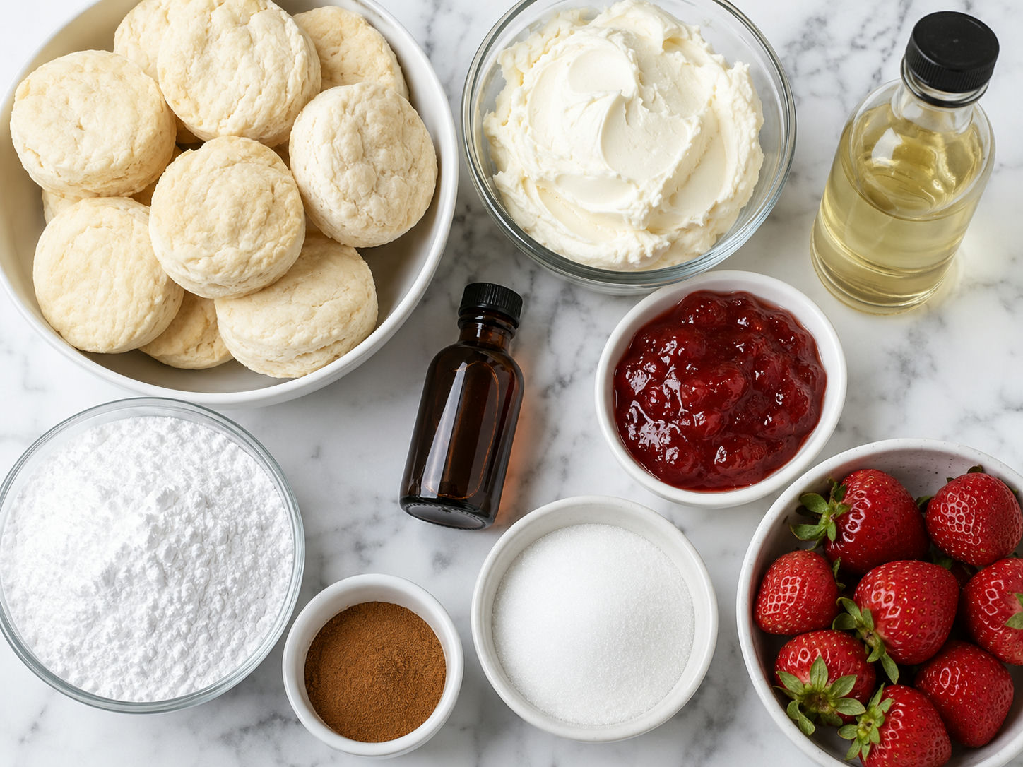 Ingredients for strawberry cheesecake stuffed donut holes on a counter