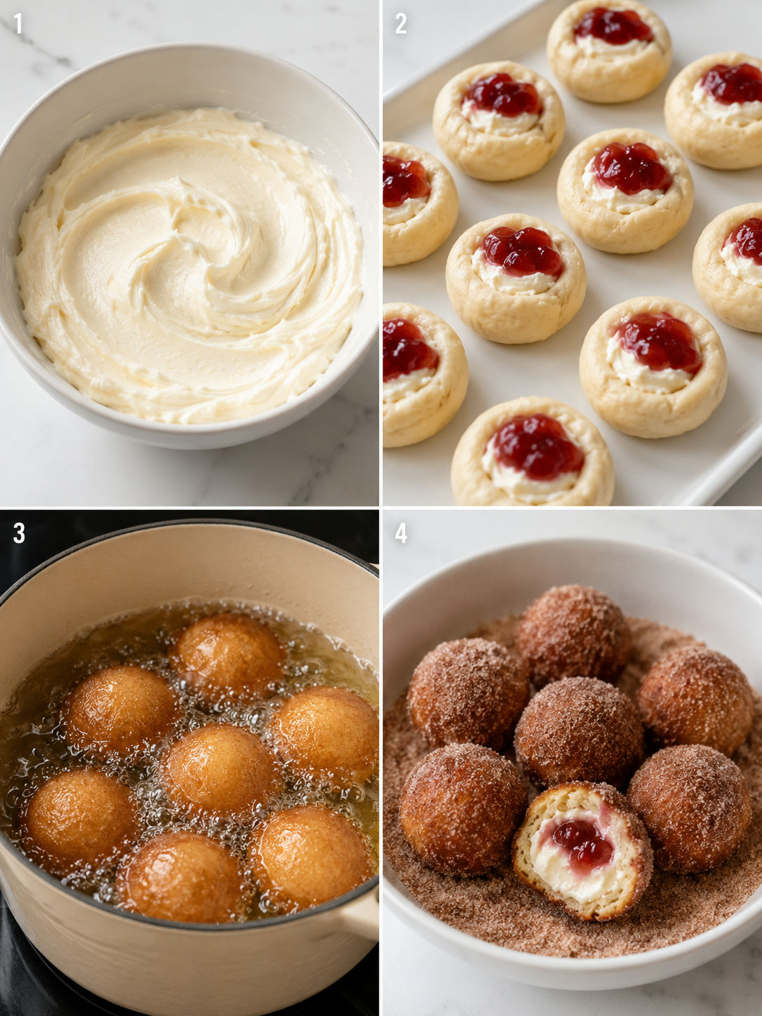 Steps for filling frying and coating strawberry cheesecake donut holes
