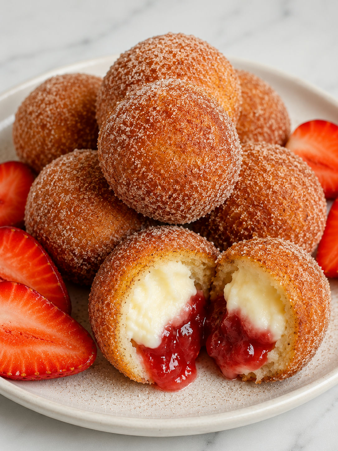 Golden strawberry cheesecake stuffed donut holes with jam filling