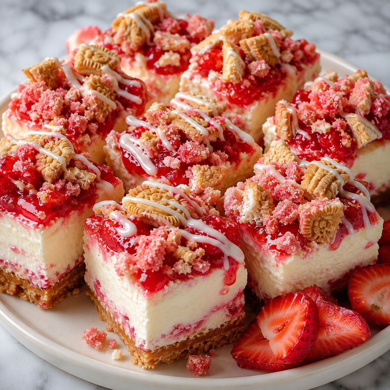 Strawberry crunch cheesecake chunks with Golden Oreo crumble and white chocolate