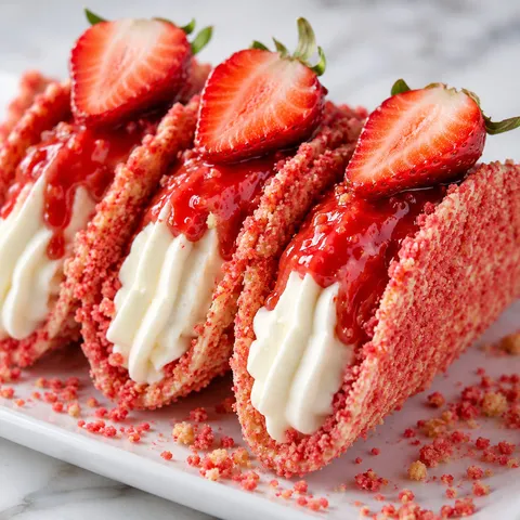 Strawberry crunch cheesecake tacos with cream filling and fresh berries