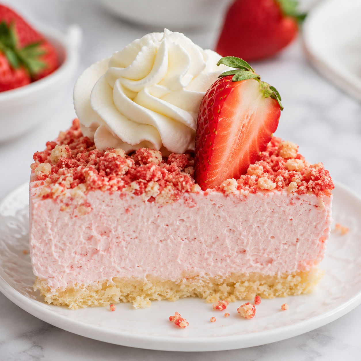 Strawberry Crunch Cheesecake slice with pink crumble and fresh strawberries