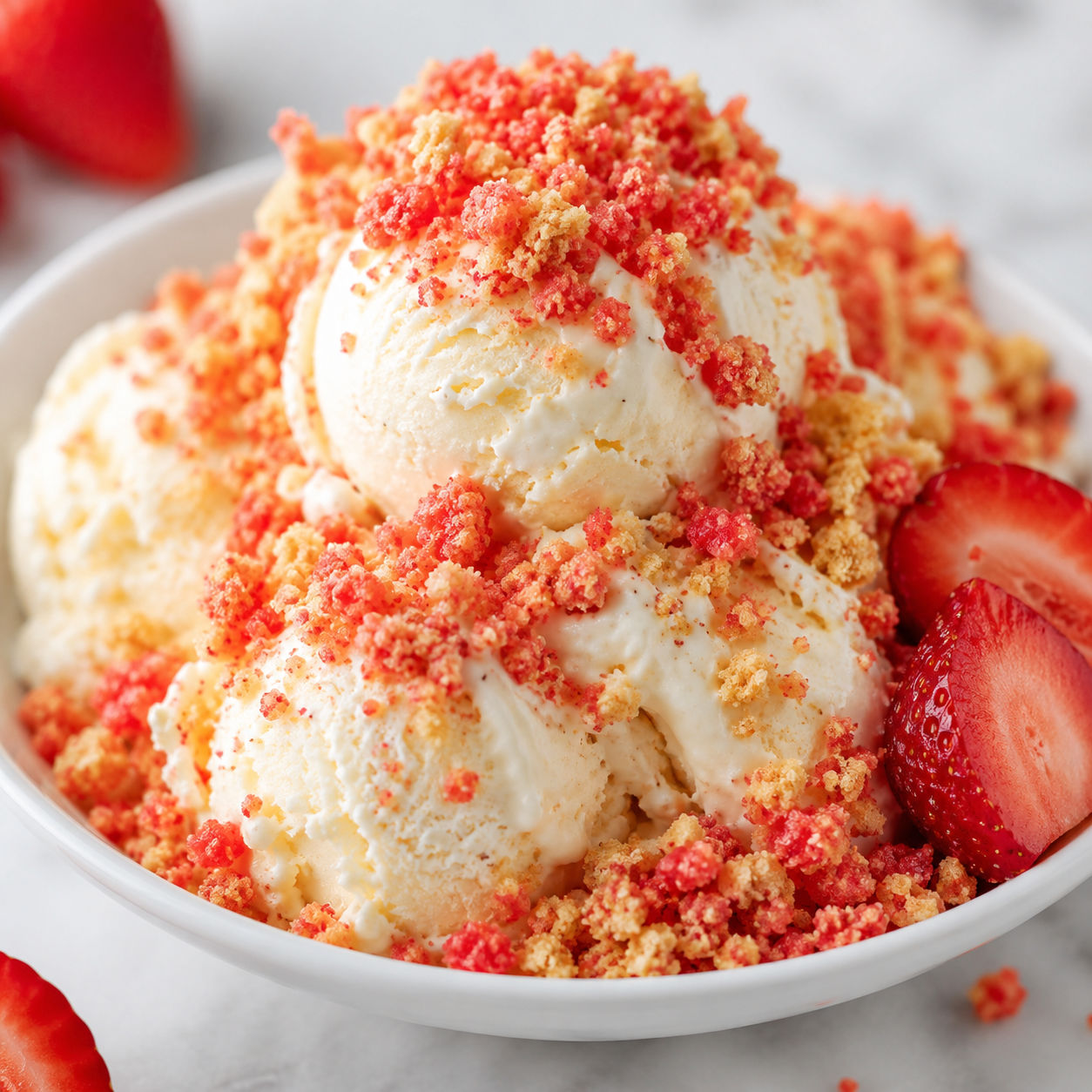 Strawberry Crunch topping over vanilla ice cream with fresh strawberries