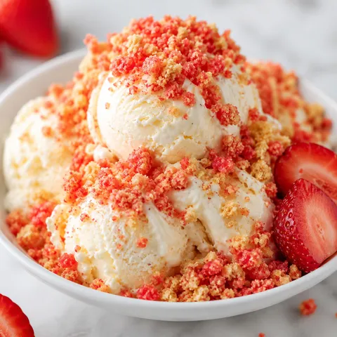 Strawberry Crunch topping over vanilla ice cream with fresh strawberries