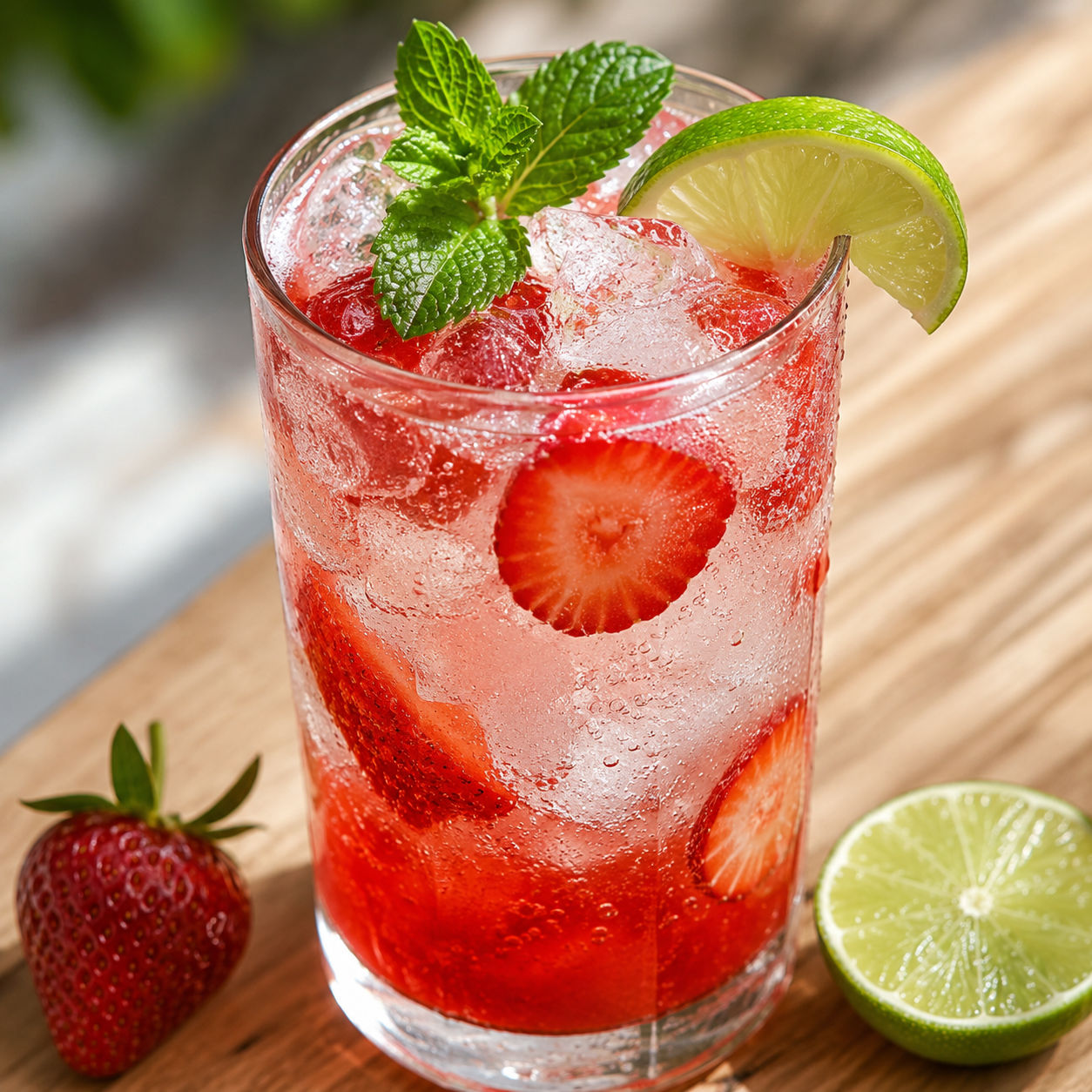 Strawberry Dirty Sprite cocktail with lime, vodka, ice, and fresh berries