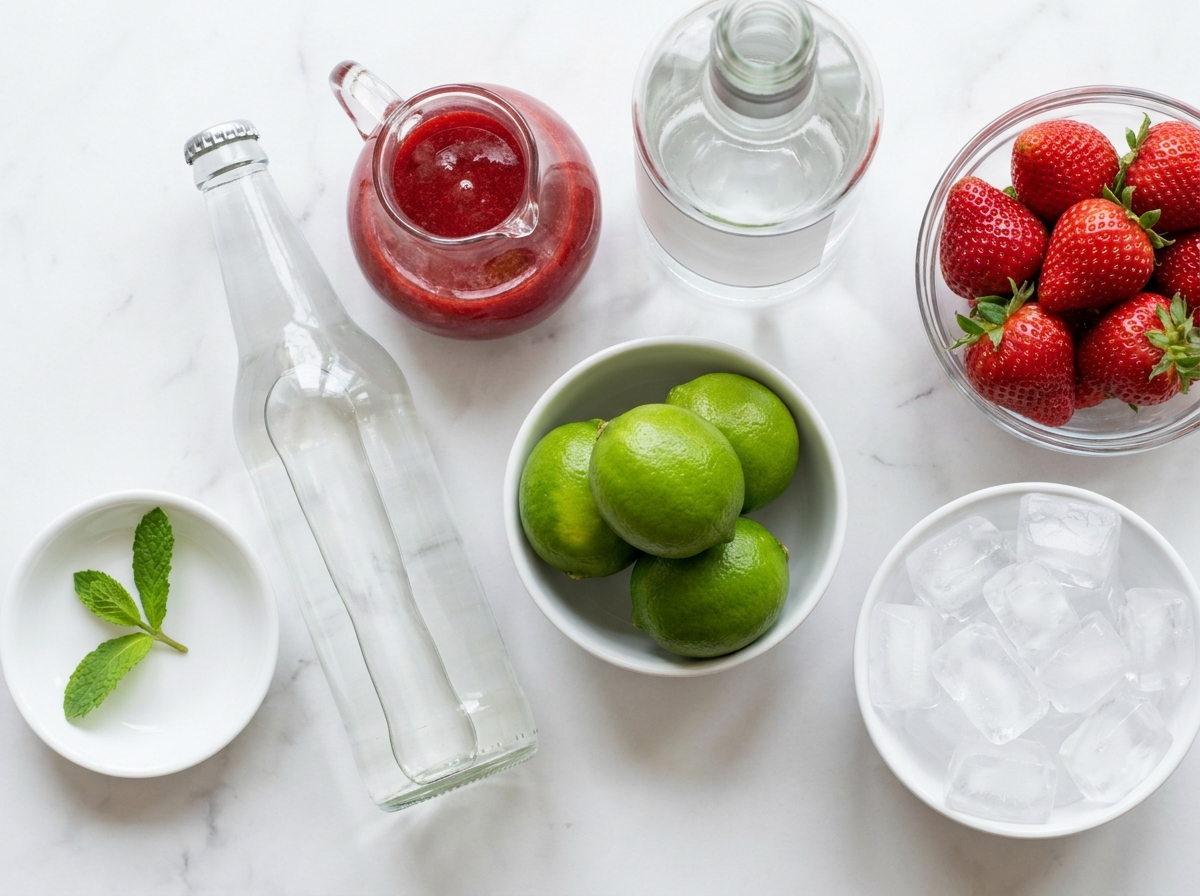 Ingredients for strawberry vodka Sprite with lime, berries, syrup, and ice