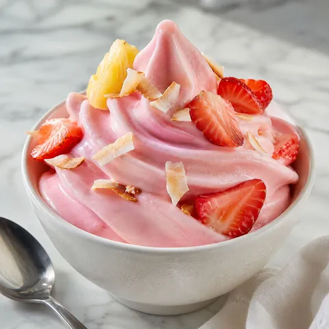 Strawberry Dole Whip with fresh berries and toasted coconut in a white bowl