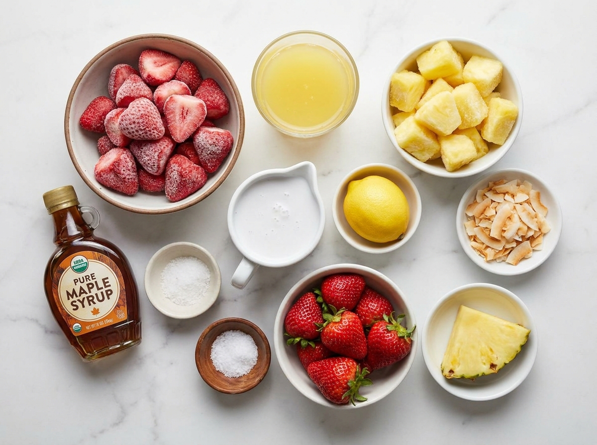 Frozen strawberries, pineapple, coconut milk, and lemon for strawberry Dole Whip