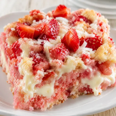 Strawberry earthquake cake with cream cheese swirls and fresh berries
