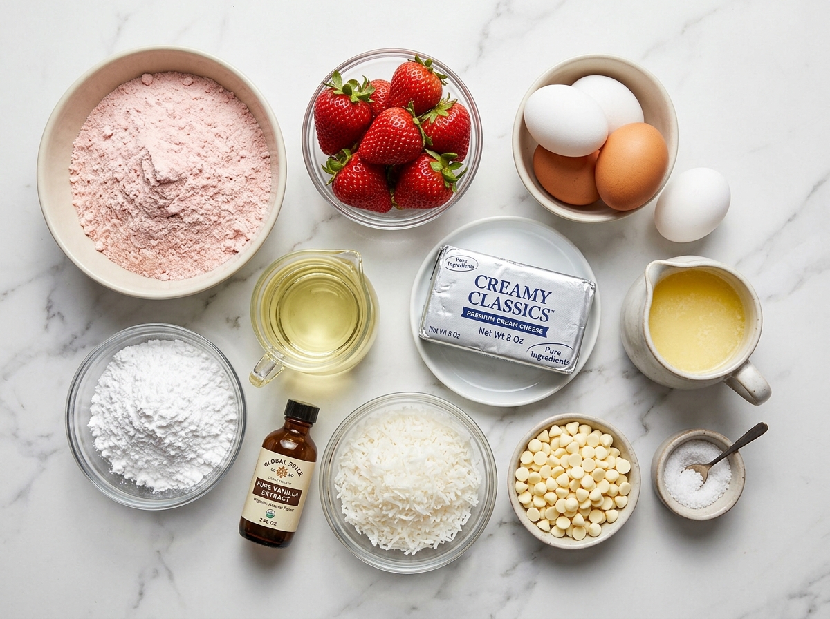 Ingredients for strawberry earthquake cake with cream cheese and berries