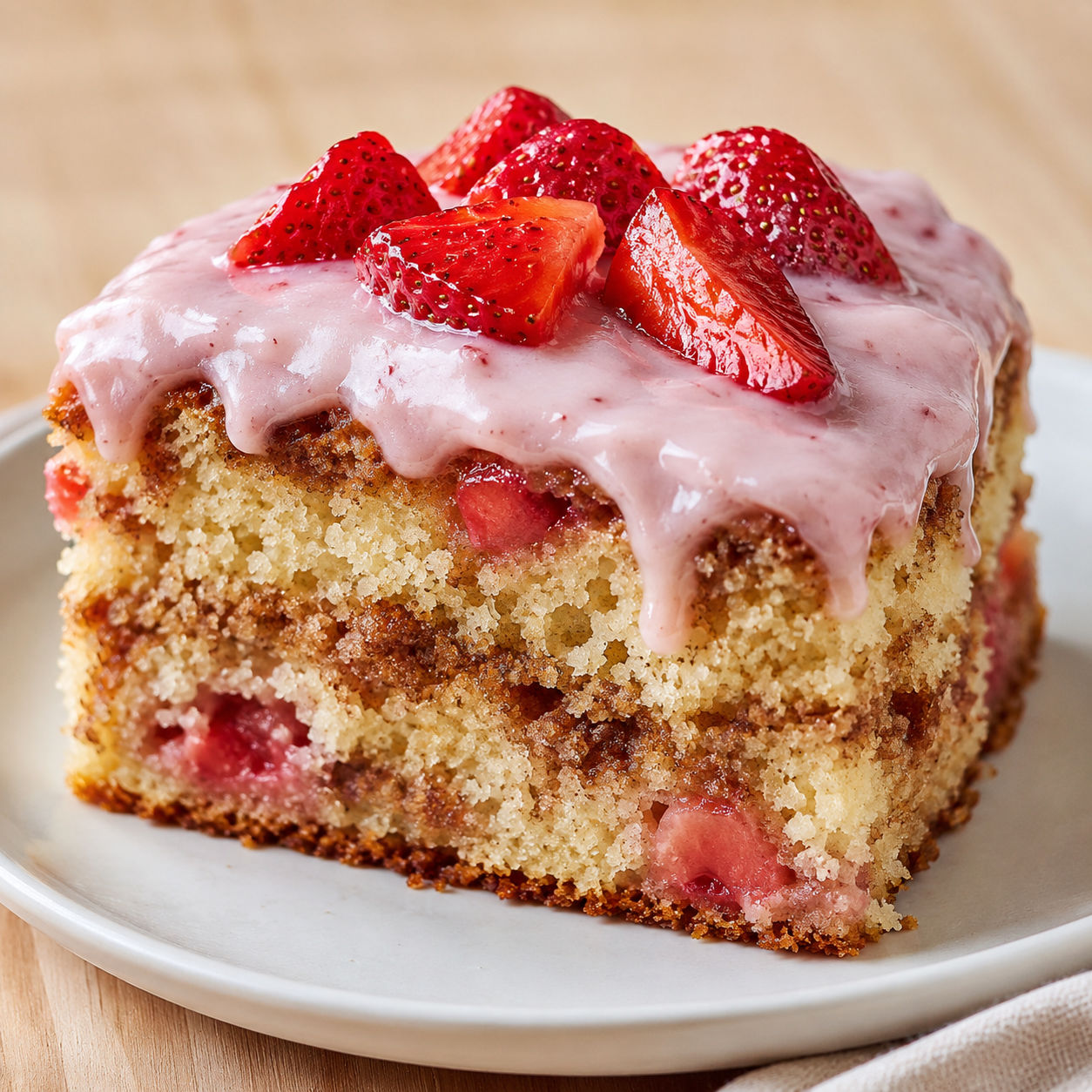 Strawberry honeybun cake slice with pink cream icing and cinnamon swirl