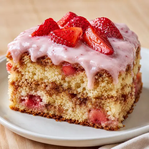 Strawberry honeybun cake slice with pink cream icing and cinnamon swirl