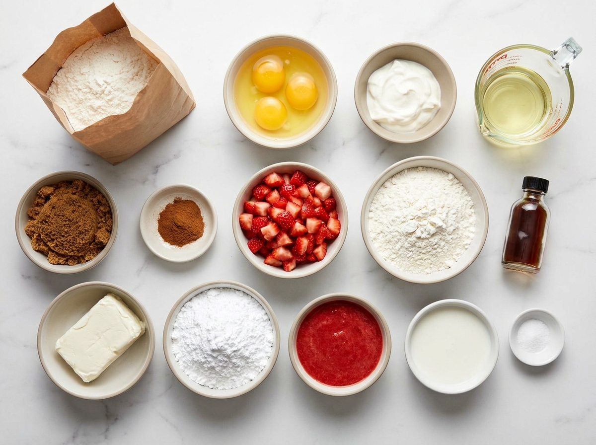 Ingredients for strawberry honeybun cake with cream cheese icing