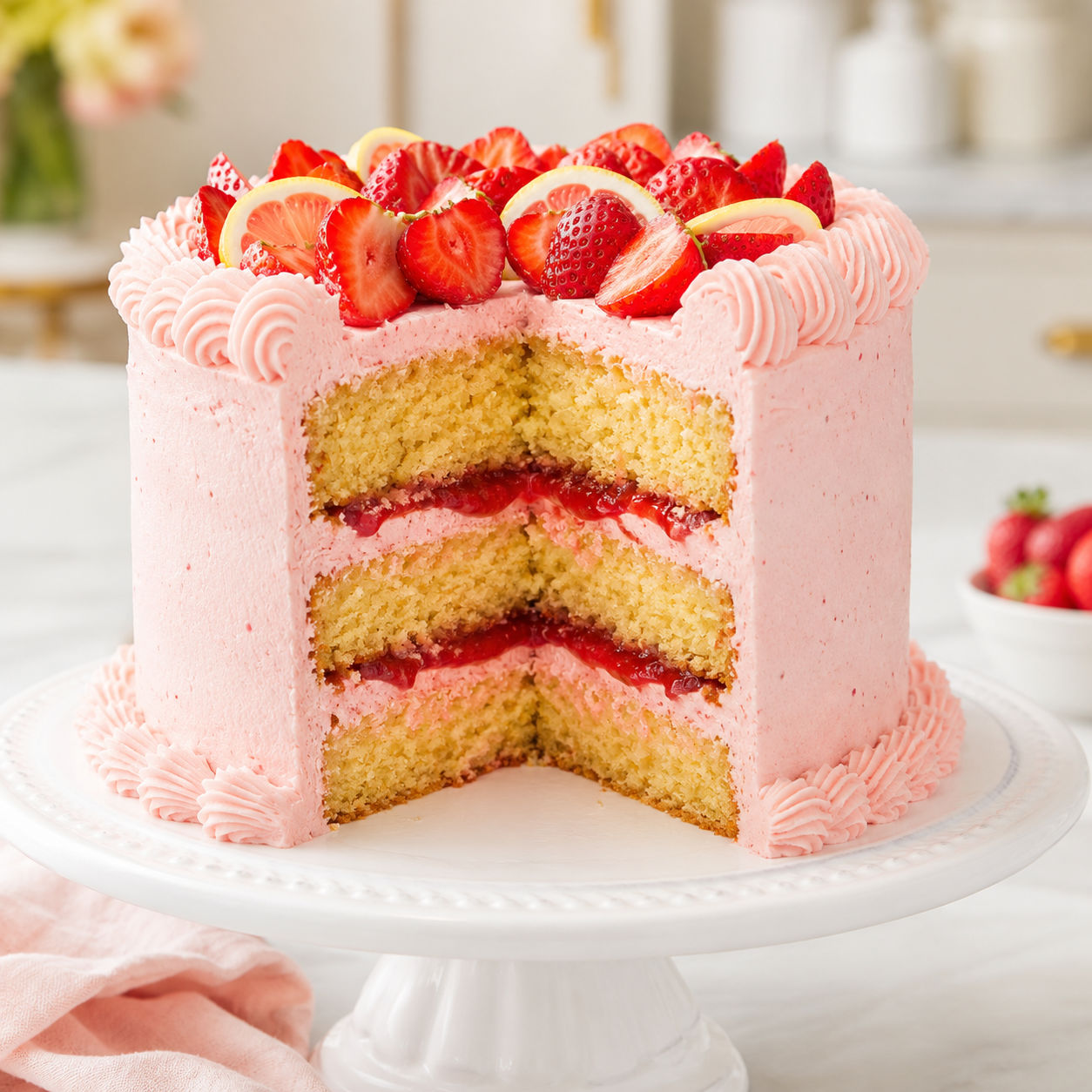 Strawberry lemonade layer cake with pink buttercream and lemon slices