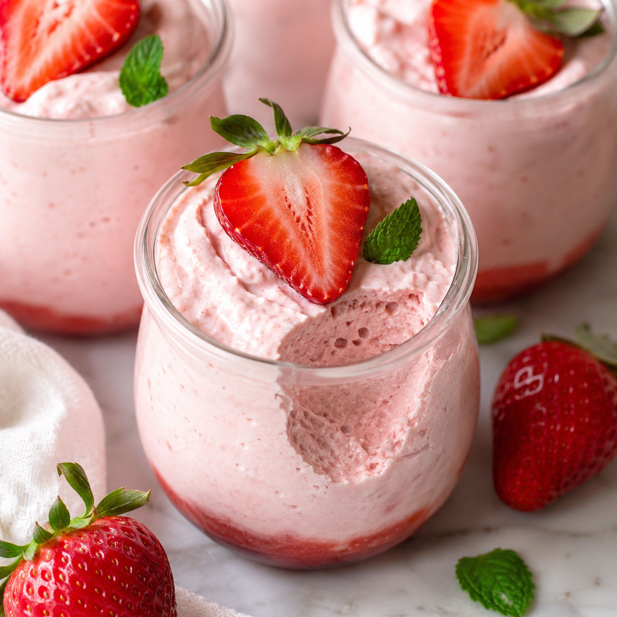 Strawberry mousse cups topped with fresh berries and mint