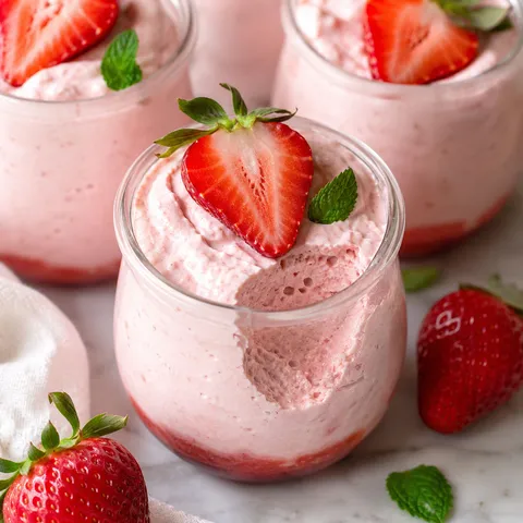 Strawberry mousse cups topped with fresh berries and mint