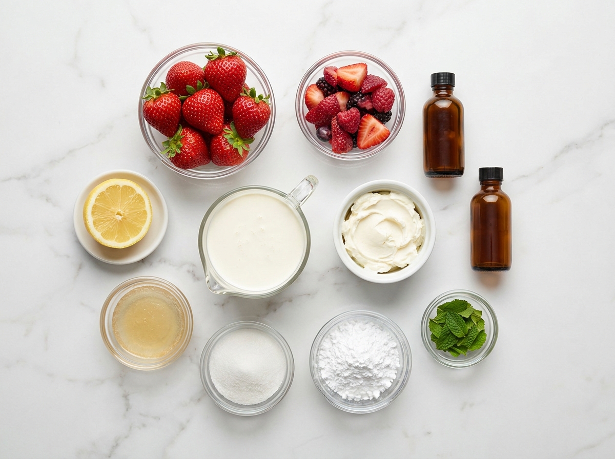 Fresh strawberries, cream, cream cheese, gelatin, lemon, and mint for mousse