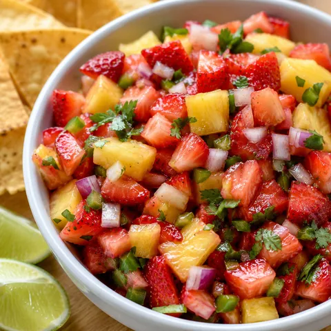 Strawberry pineapple salsa with cilantro, lime, and tortilla chips