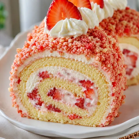 Strawberry shortcake cheesecake roll with pink crumbs and fresh berries