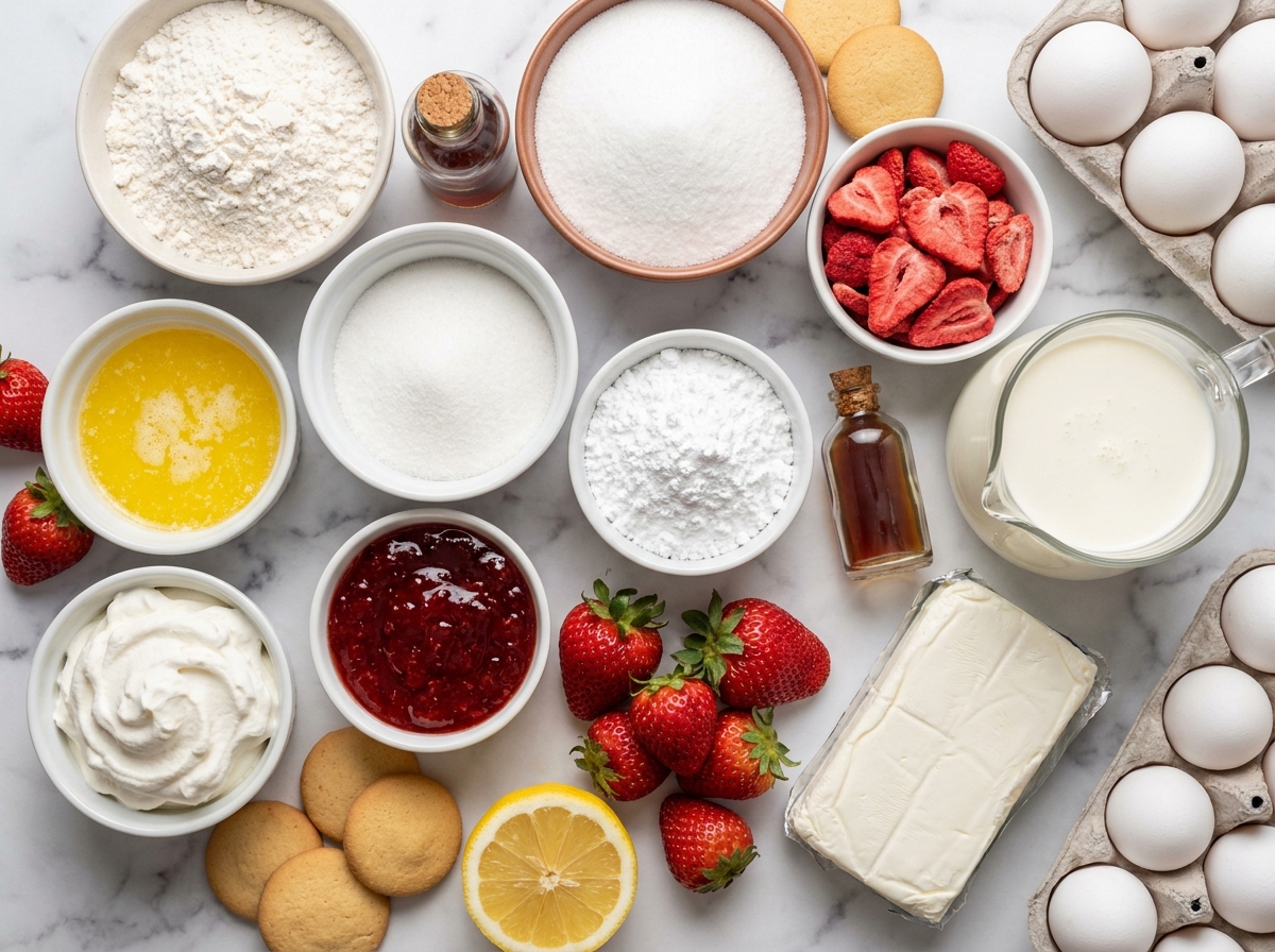 Ingredients for strawberry shortcake cheesecake roll on a marble counter
