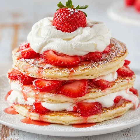 Strawberry shortcake pancakes with whipped cream and sliced strawberries