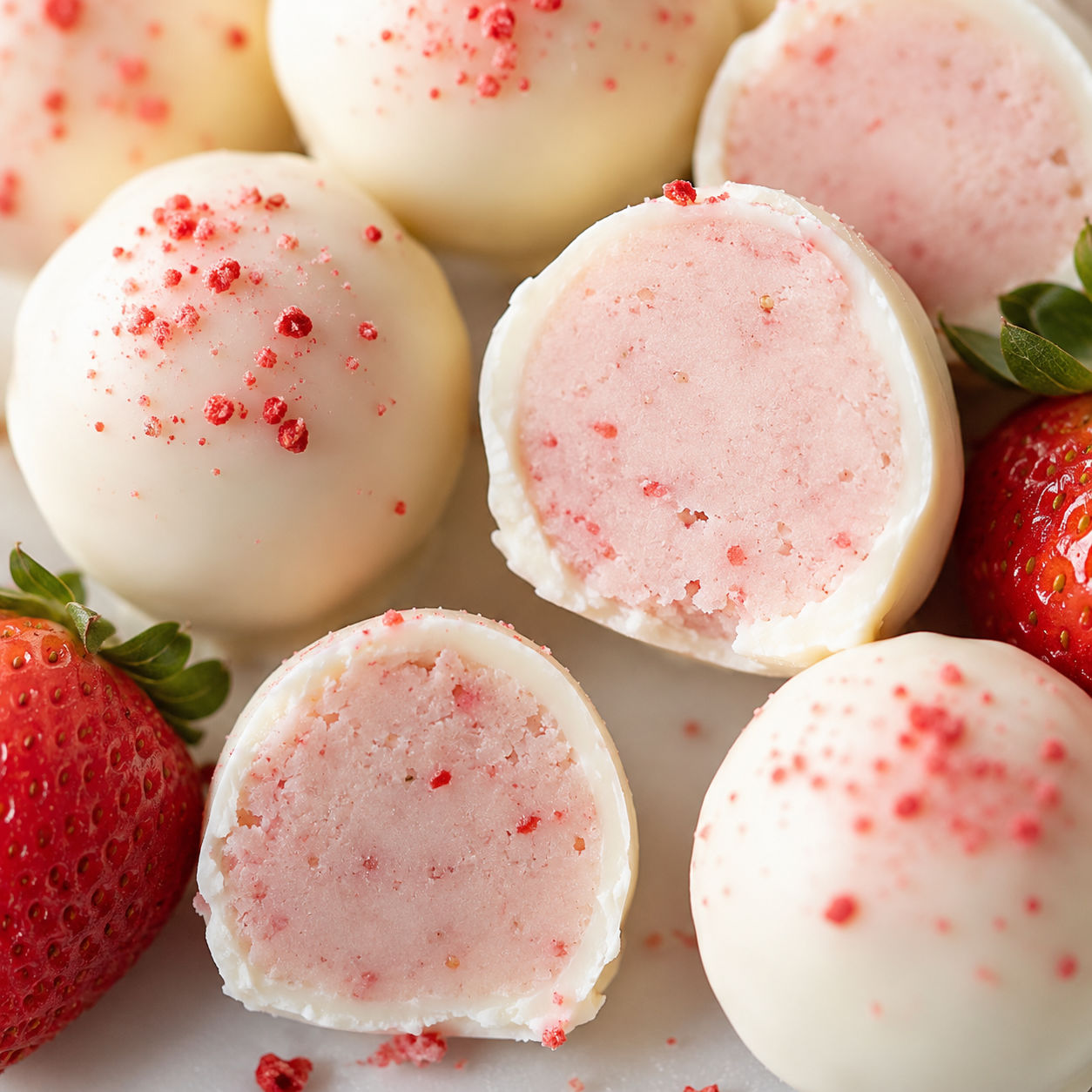 Strawberry Truffles with white chocolate shells and pink centers