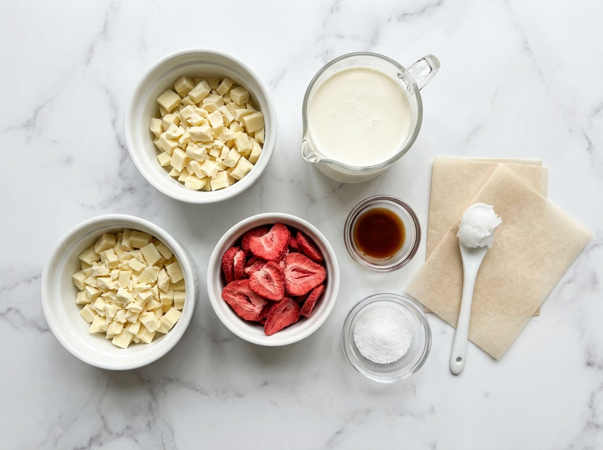Ingredients for Strawberry Truffles with white chocolate and dried strawberries
