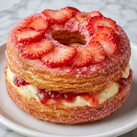 Strawberry vanilla bean cronut with cream, jam, and fresh berries